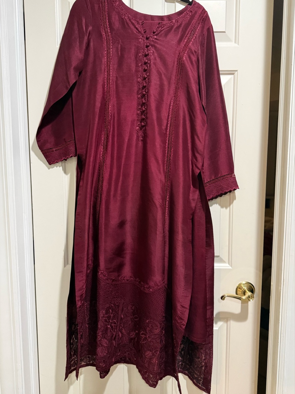Maroon Maxi Dress with Embroidered Hem and Lace Trim